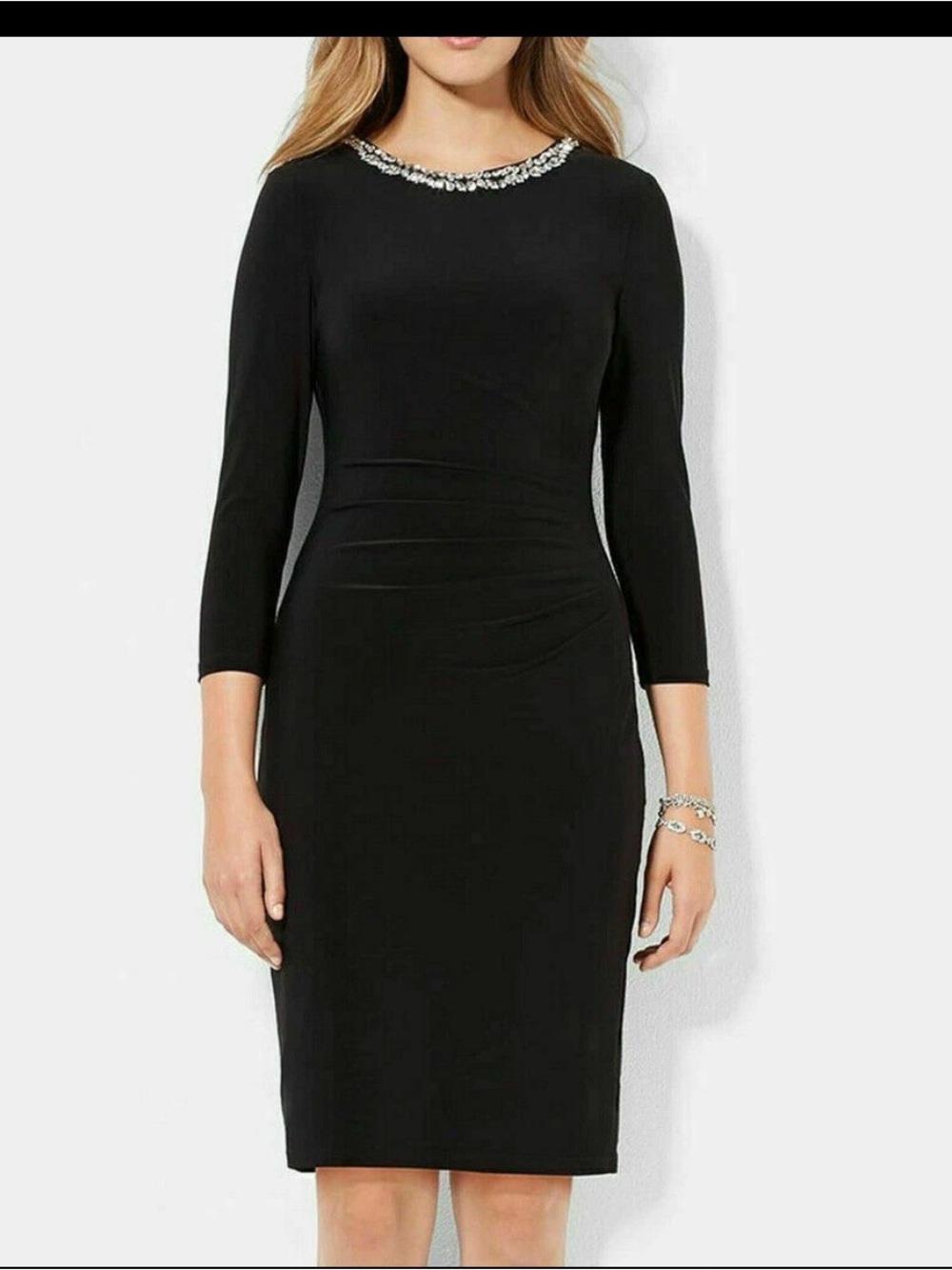 Ralph Lauren Black Midi Sheath Dress with Jeweled Neckline